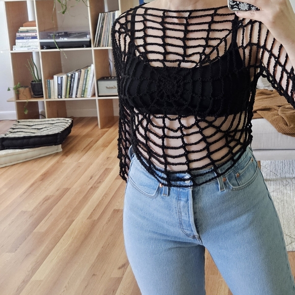 Handmade Tops - spider web open knit crochet macrame goth whimsigoth witchy costume grunge top